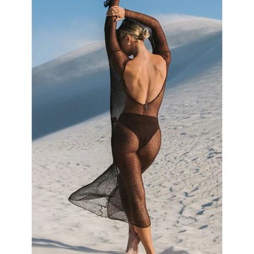 過渡性感ZONE歐美風新款透視度假比基尼罩衫大露背純色長袖針織裙