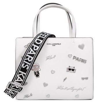 KARL LAGERFELD MAYBELLE 銀字LOGO冬日白色鵝卵石紋皮革卡爾與貓立體配飾手提肩斜兩用包