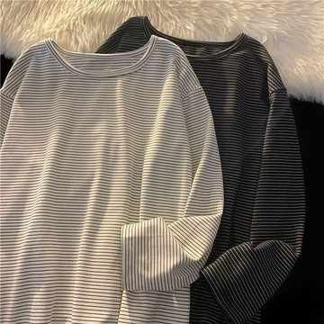 美式復古條紋長袖女T恤秋冬加厚磨毛慵懶風寬鬆 百搭 內搭衣 打底上衣 長袖t恤 上衣 長袖打底 打底衫 條紋t恤