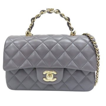 CHANEL 香奈兒 灰色 菱格紋 羊皮 鏈帶肩背包 淡金釦 【二手名牌BRAND OFF】