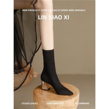 襪靴女粗跟2025春秋單靴高跟鞋彈力瘦瘦靴針織尖頭中筒襪子短靴冬