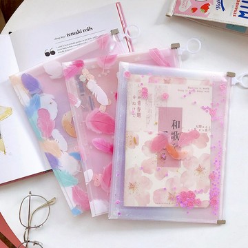 網格文件袋透明學生用收納袋拉鏈袋羽毛A5文件包檔辦公文具資料袋