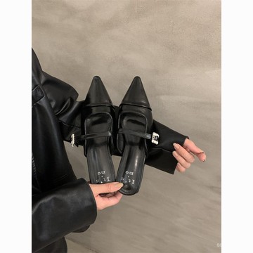 新款2025女鞋一字包頭尖頭銀色高跟鞋百搭法式瑪麗單鞋高級半拖鞋