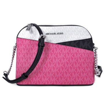 MICHAEL KORS Jet Set Travel 銀字防刮Logo金鏈三色貝殼斜背包(紅龍果粉)