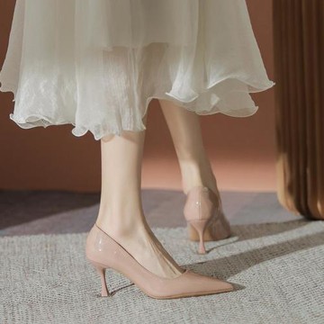 裸色漆皮高跟鞋細跟百搭簡約純色時尚尖頭淺口單鞋2023春季新款女