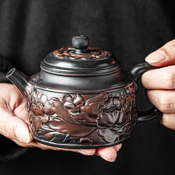 聚山堂紫陶德鐘壺滿雕功夫茶具泡茶神器坭興陶云南復古家用泡茶