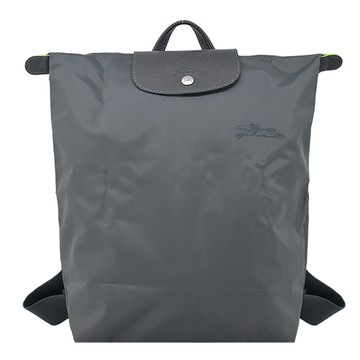 LONGCHAMP LE PLIAGE GREEN系列刺繡再生尼龍摺疊後背包(中/石墨灰)