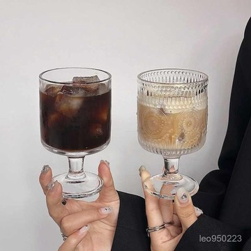 複古ins風太陽花浮鵰玻璃杯高顔值酒杯設計感飲料果汁高腳水杯子 複古ins風 太陽花浮鵰玻璃杯 500ml 玻璃杯 高顔