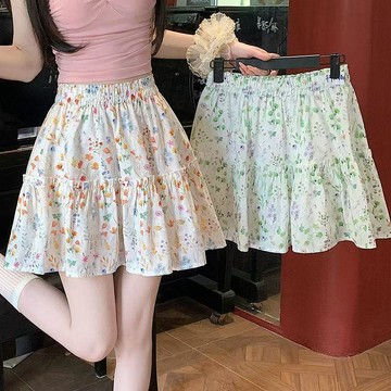 【清新碎花 木耳邊 拼接 短裙 女 夏季 新款 韓版 高腰 顯瘦 A字 半身裙 長裙 高腰短裙 高腰長裙 碎花裙 韓系