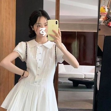 學院風翻領白色連衣裙女a字裙夏季甜美顯瘦裙