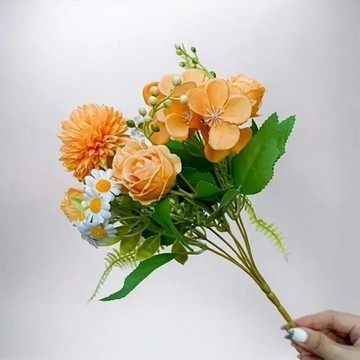 法式小花園玫瑰洋甘菊橘色花束仿真花花材(1入組)