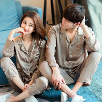情侶睡衣高級感冰絲長袖春秋薄款短袖兩件套寬松大碼家居服可外穿