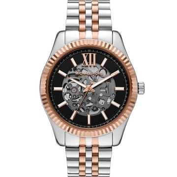 Michael Kors MK Lexington 都會時尚鏤空機械錶 男錶-黑x玫瑰金框/44mm MK9266