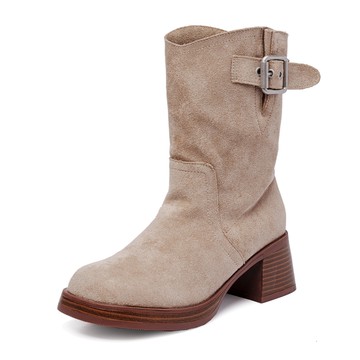 柔美魅力方頭粗跟中筒靴(卡其)＊ an.an【18-283-5ca】【現貨】