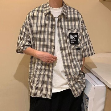 格子短袖衬衫男士港风潮牌新款夏季宽松日系衬衣高级感上衣男裝