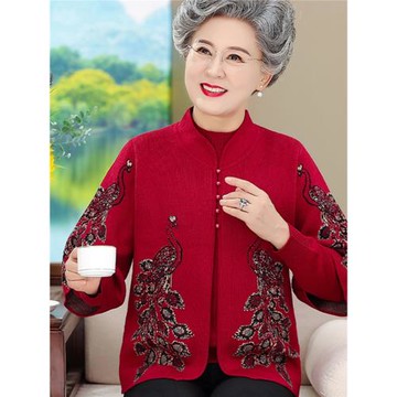 奶奶秋裝針織衫老年人外套女喜婆婆婚宴毛衣媽媽款加絨加厚兩件套