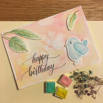 自家製手繪生日卡 / 生日專用 - 水彩小鳥 - 立體效果