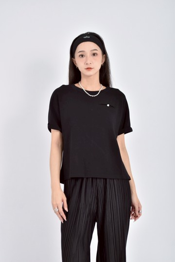 加購優惠(M) 珍珠假口袋黑色短袖上衣