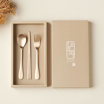 Obooja 韓國製 方字鍮器 兒童湯匙筷子組  湯匙+筷子+叉子+盒子  1組  銅色