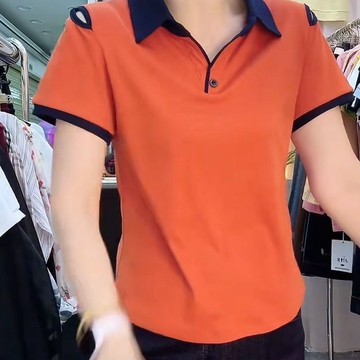 夏季露肩POLO衫女 上衣 POLO衫 短袖衫 女士新款夏季露肩純欲polo衫短袖女撞色翻領氣質百搭洋氣上衣 女裝