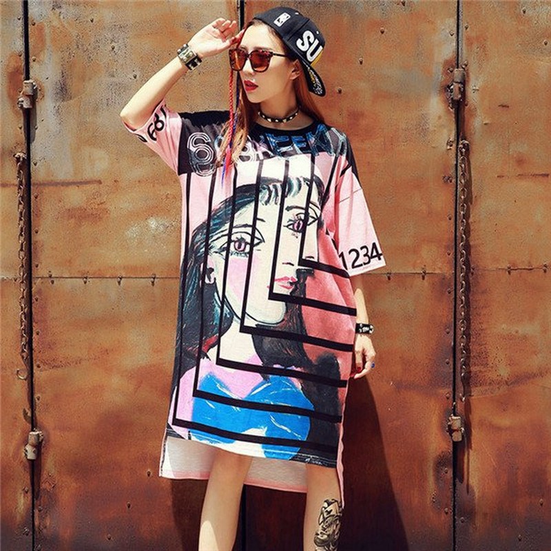 レディース ファッション 原宿系 Hiphop ヒップホップ B系 ダンス トップス 半袖 ワンピース 絵画 女性 ロゴ ピンク トップス 通販 Lineポイント最大get Lineショッピング