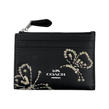 COACH仿刺繡效果亮粉燙印蝴蝶皮雕黑色素面皮革前卡夾鑰匙零錢包
