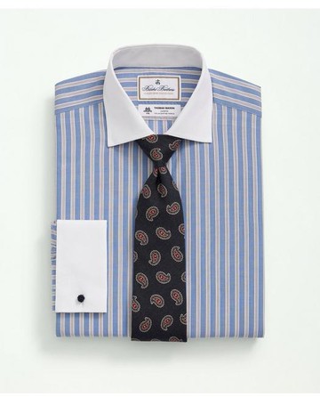 Brooks Brothers Men's X Thomas Mason Cotton Poplin English Collar, Striped Dress Shirt | Bright Blue | Size 16 34
