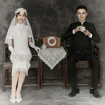 2020影樓展會新款主題婚紗復古風中式高領蕾絲魚尾開叉拍照禮服裙