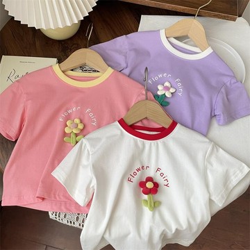 🎀biubiu童裝🎀女童夏季短袖T恤女寶寶立體小花洋氣上衣兒童撞色小清新上衣百搭