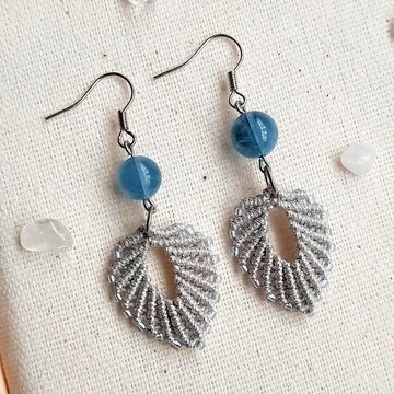 E036-手工編織耳環 海藍寶 銀葉子