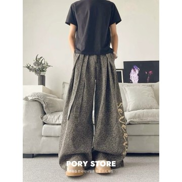 【PORY STORE】韓系復古豹紋彎刀褲 舒適 顯瘦 落地褲 實拍 穿搭 男生 牛仔 寬褲 寬鬆 百搭 長褲 牛仔寬褲