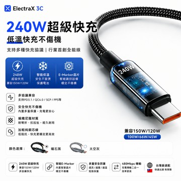 ⚡臺灣出貨⚡240W【自動斷電】充電線  10A大電流快充線 LED指示燈 Type-C智能斷電充電線 適用oppo