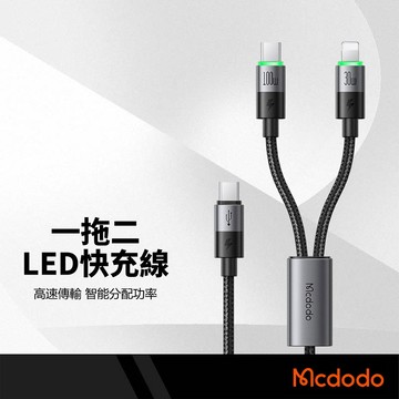 Mcdodo麥多多 一拖二LED快充線 Type-C/Lightning 100W 高效傳輸 精密編織 鋁合金數據線