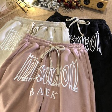 鹿皮絨褲子男春秋印花高街褲子ins潮流寬松運動褲美式復古休閑褲