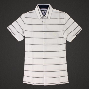 美國百分百【全新真品】MURANO 襯衫 短袖 上衣 上班 休閒 條紋 專櫃 合身 黑 白色 男 XS號 E189