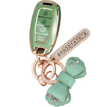 GMZ MOTORS 現代四鍵專用 Grandeur、Santa Fe TM、Kona 高級TPU鑰匙套 電話號碼吊飾 蝴蝶結皮革鑰匙圈 禮盒組  Olive Green  AH-01(蝴蝶結造型)