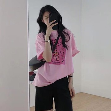 ins寬松粉色印花女裝夏季短袖t恤