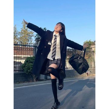 秋冬季學院風黑色毛呢外套女小個子長款JK制服高級感赫本呢子大衣