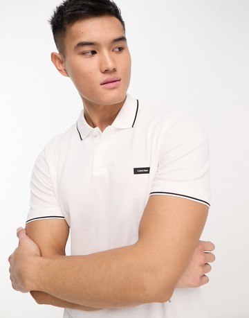Calvin Klein box logo slim fit polo shirt in white-Blue