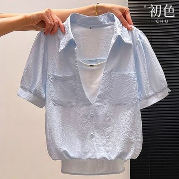 初色 簡約風純色拼接單排釦胸口袋翻領短袖假兩件襯衫上衣女上衣-共2色-51454(M-2XL可選)