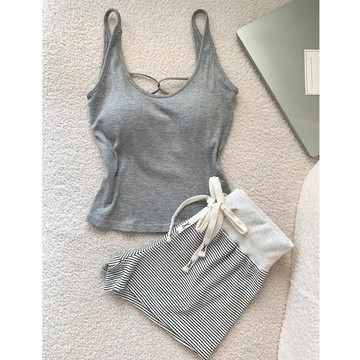 DUYI~夢詩 睡衣女韓版甜美吊帶夏天帶胸墊美背條紋短褲可外出家居服套裝