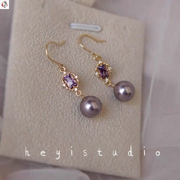 耳夾 耳環 夢幻紫水晶耳環 奧地利進口施家珍珠耳環 14K包金耳鉤
