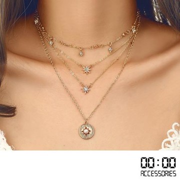 【00:00】歐美奢華風多層次珍珠六芒星元素項鍊