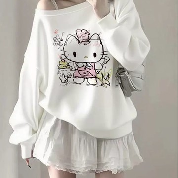 【壹號店】超漂亮甜美可愛kitty斜肩衛衣長袖上衣 寬鬆慵懶風露肩上衣 一字肩上衣 圓領上衣 大學t 短袖 衣服女