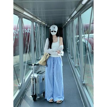 MULVAN 條紋闊腿褲女夏季薄款慵懶風高腰寬松休閑褲拖地長褲