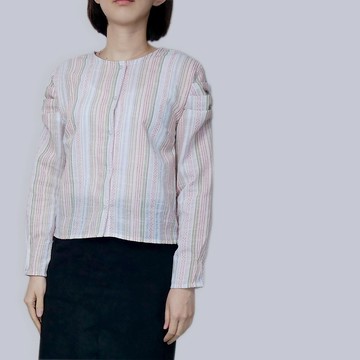 棉麻彩色直條澎袖上衣