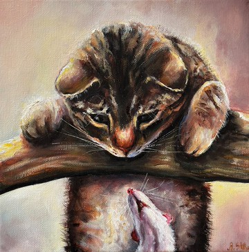 虎斑貓畫作，棕色掛畫，可愛動物，貓與老鼠，寵物肖像