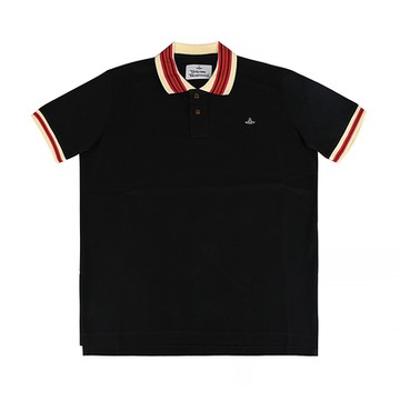 Vivienne Westwood 胸前土星LOGO領口及袖口條紋設計純棉短袖POLO衫(男款/黑x多彩條紋)