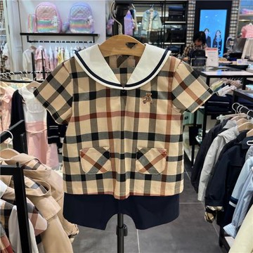 出口韓國童裝 24夏新款男女寶兒童格子襯衫套裝海軍領上衣T恤套裝