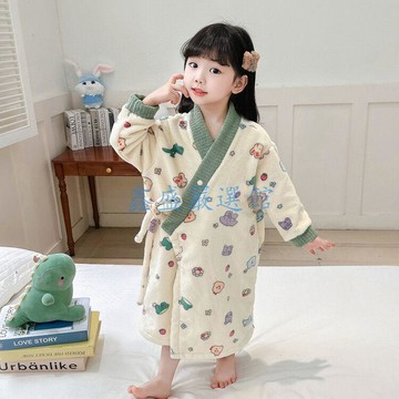 【臺灣-出貨】兒童浴袍2024秋冬加厚法蘭絨睡衣寶寶浴巾女童加絨開衫家居服睡袍065U